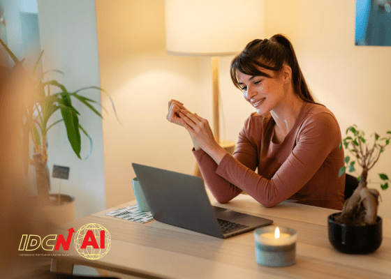 lady sitting at a desk smiling looking at the ai blog